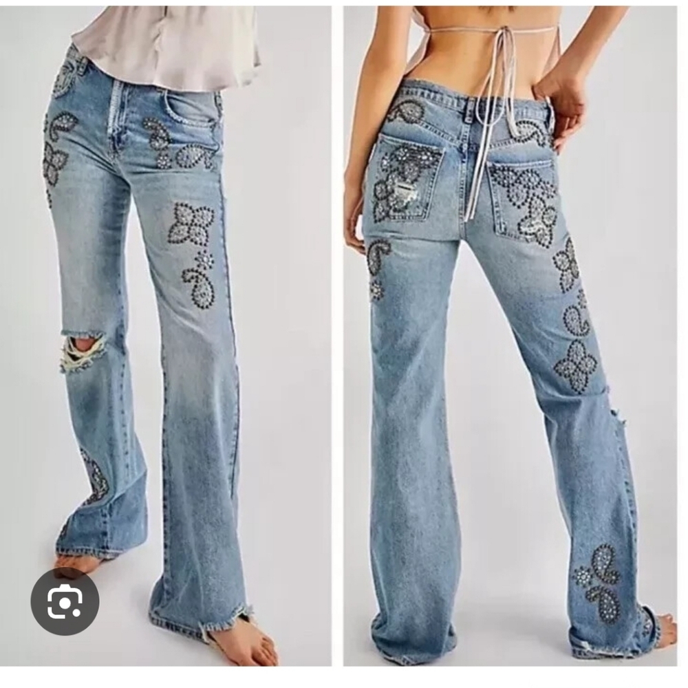Free People Light Blue Embellished Wide Leg Jeans